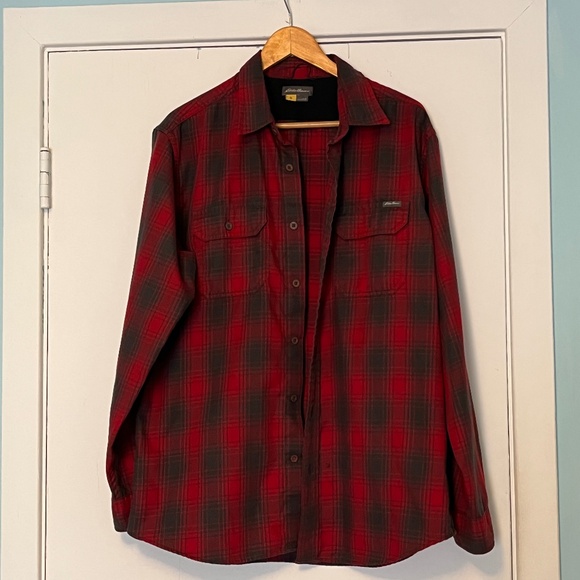 Men’s Eddie Bauer Shirt Workshirt Shacket Unlined Red Grey L - Picture 1 of 8